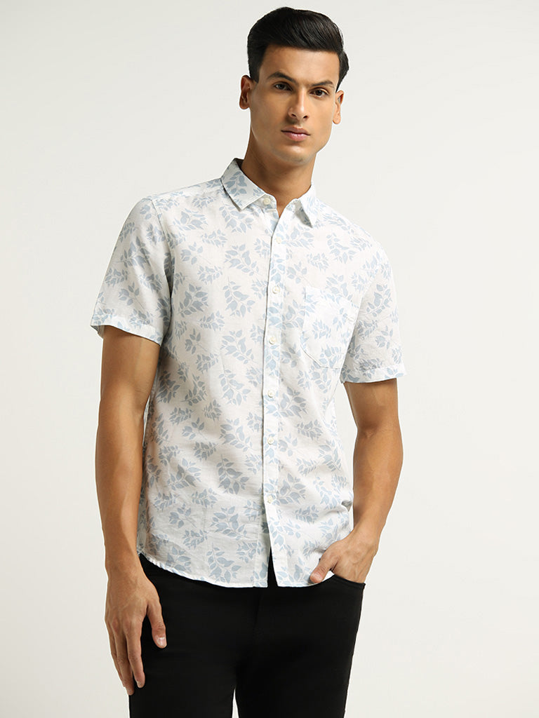 WES Casuals White Printed Slim Fit Blended Linen Shirt