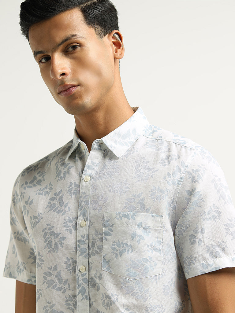 WES Casuals White Printed Slim Fit Blended Linen Shirt