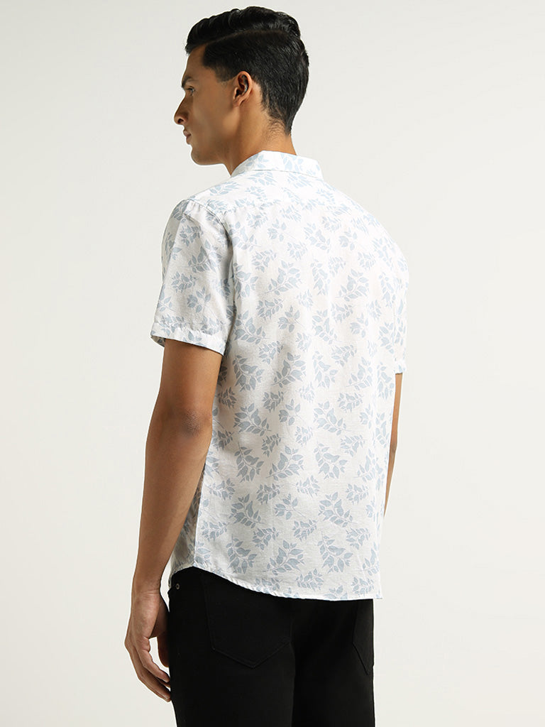 WES Casuals White Printed Slim Fit Blended Linen Shirt