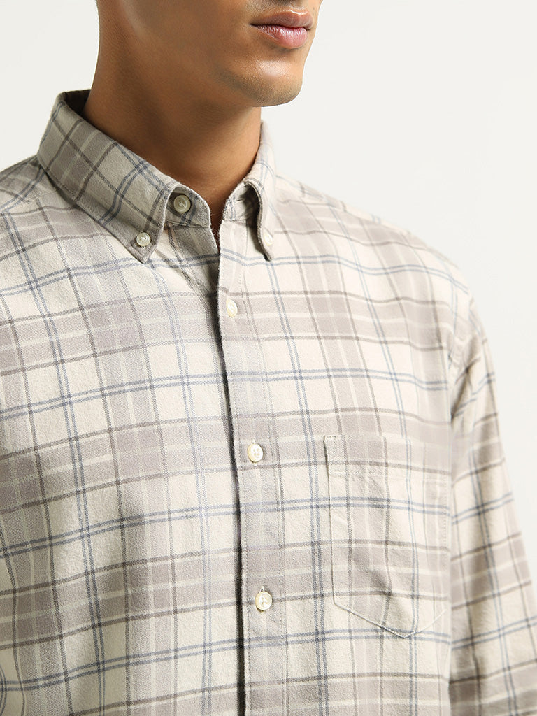 WES Casuals Beige Checked Cotton Relaxed Fit Shirt