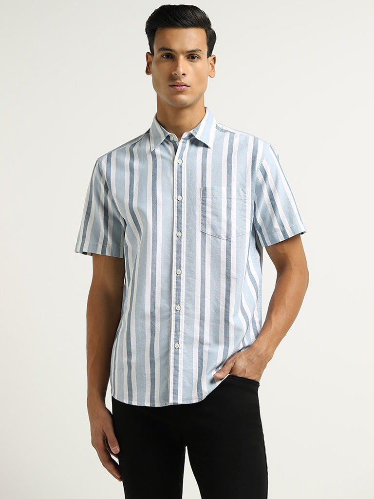 WES Casuals Blue Striped Cotton Relaxed Fit Shirt