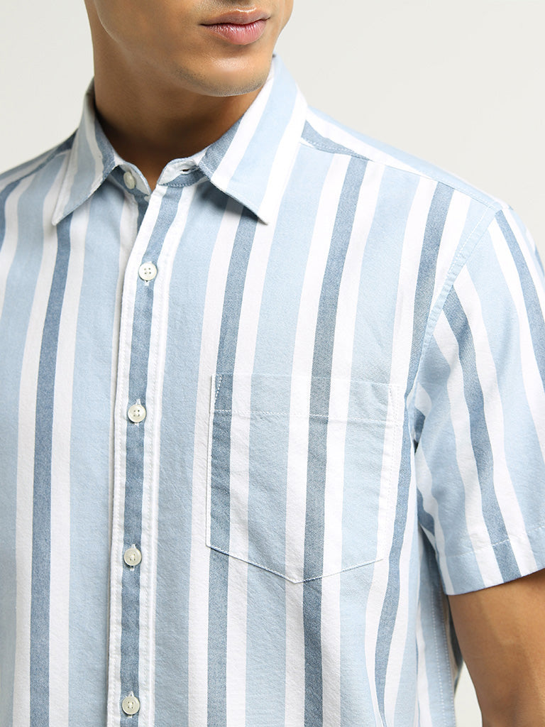 WES Casuals Blue Striped Cotton Relaxed Fit Shirt