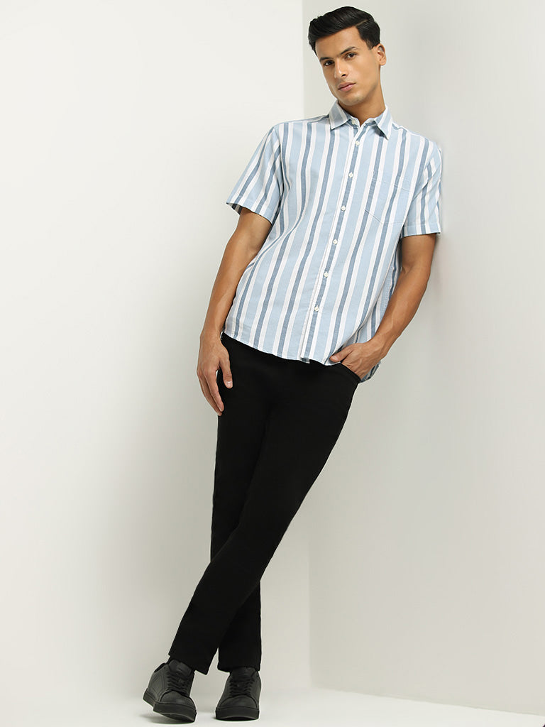 WES Casuals Blue Striped Cotton Relaxed Fit Shirt