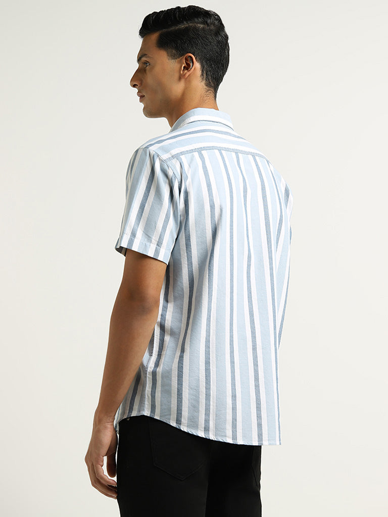 WES Casuals Blue Striped Cotton Relaxed Fit Shirt