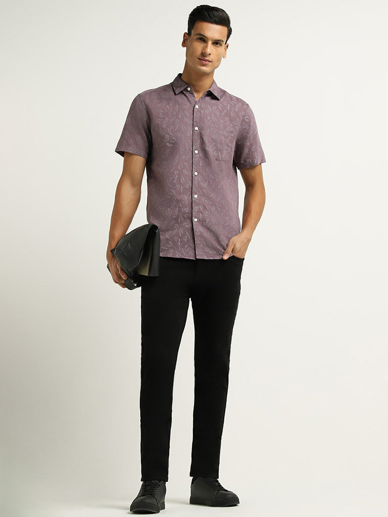 WES Casuals Purple Printed Slim Fit Blended Linen Shirt