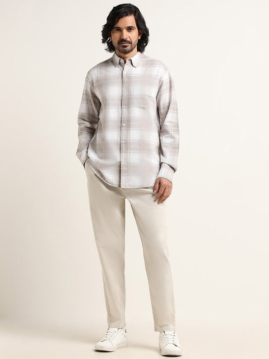 WES Casuals Beige Checked Cotton Relaxed Fit Shirt