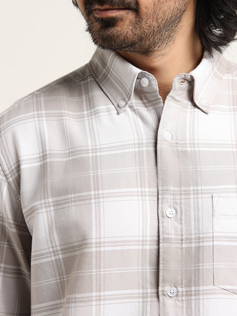 WES Casuals Beige Checked Cotton Relaxed Fit Shirt