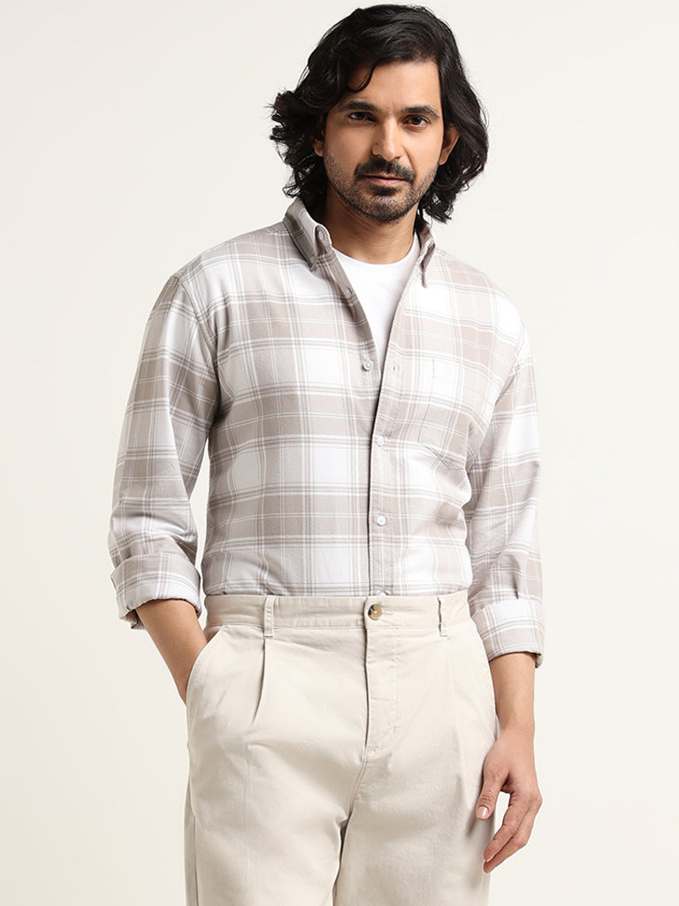 WES Casuals Beige Checked Cotton Relaxed Fit Shirt