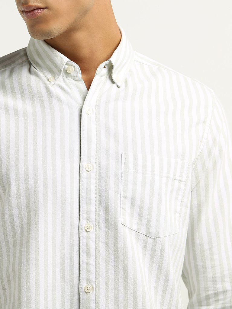 WES Casuals Light Green Striped Cotton Slim Fit Shirt