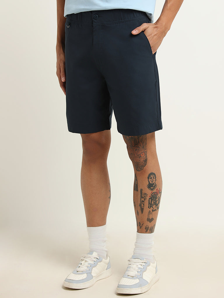 WES Casuals Blue Plain Cotton Blend Relaxed Fit Shorts