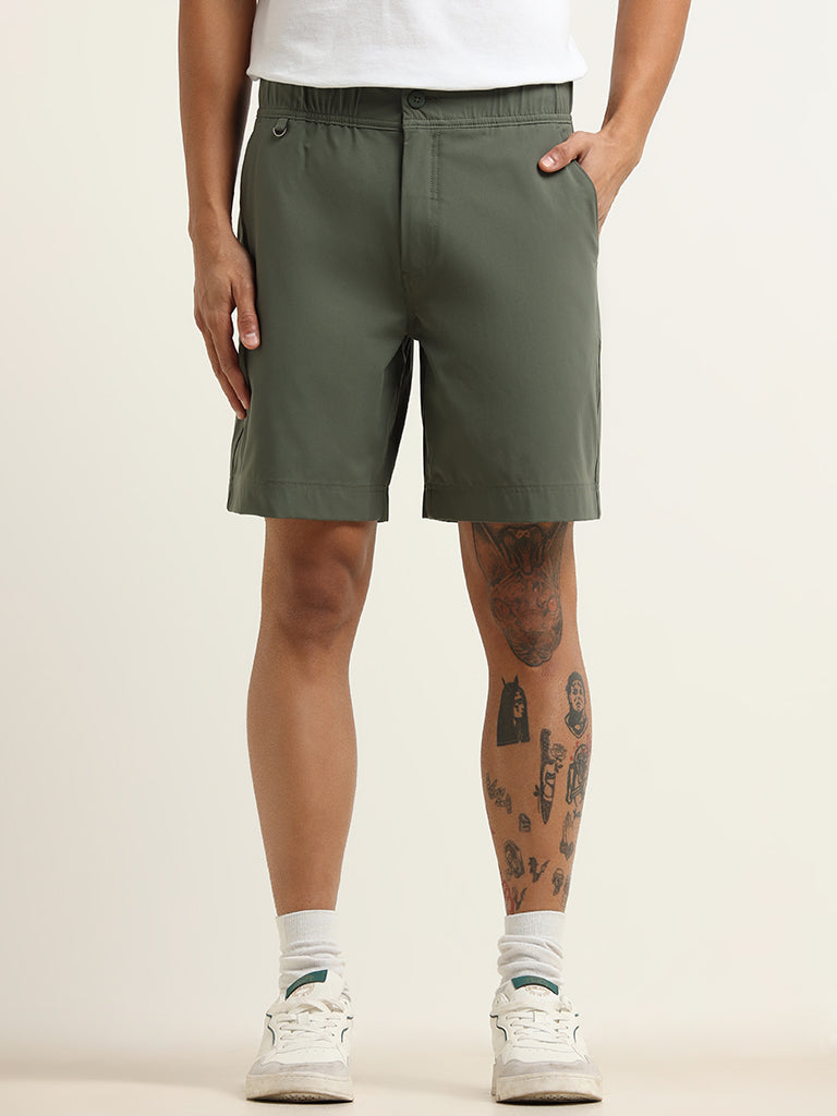 WES Casuals Green Plain Cotton Blend Relaxed Fit Shorts