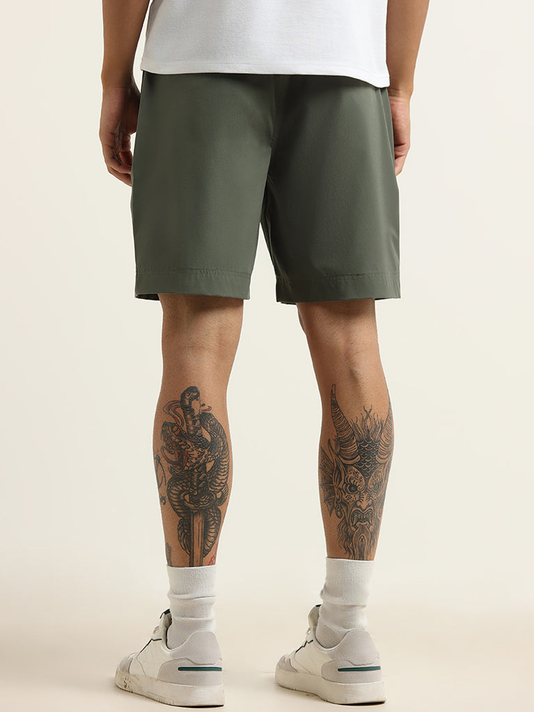 WES Casuals Green Plain Cotton Blend Relaxed Fit Shorts