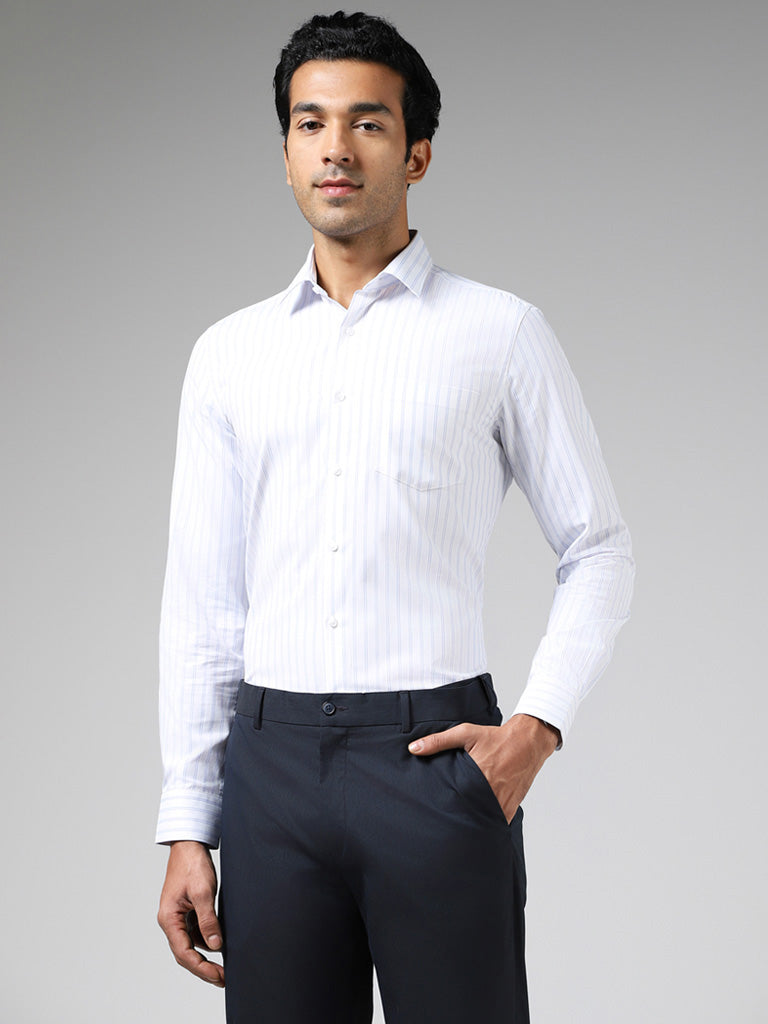 WES Formals White Striped Slim-Fit Shirt