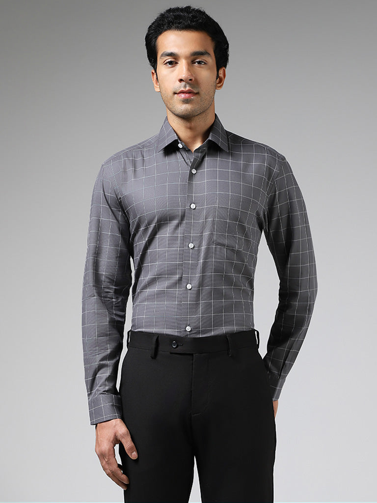 WES Formals Dark Grey Checked Cotton Slim Fit Shirt