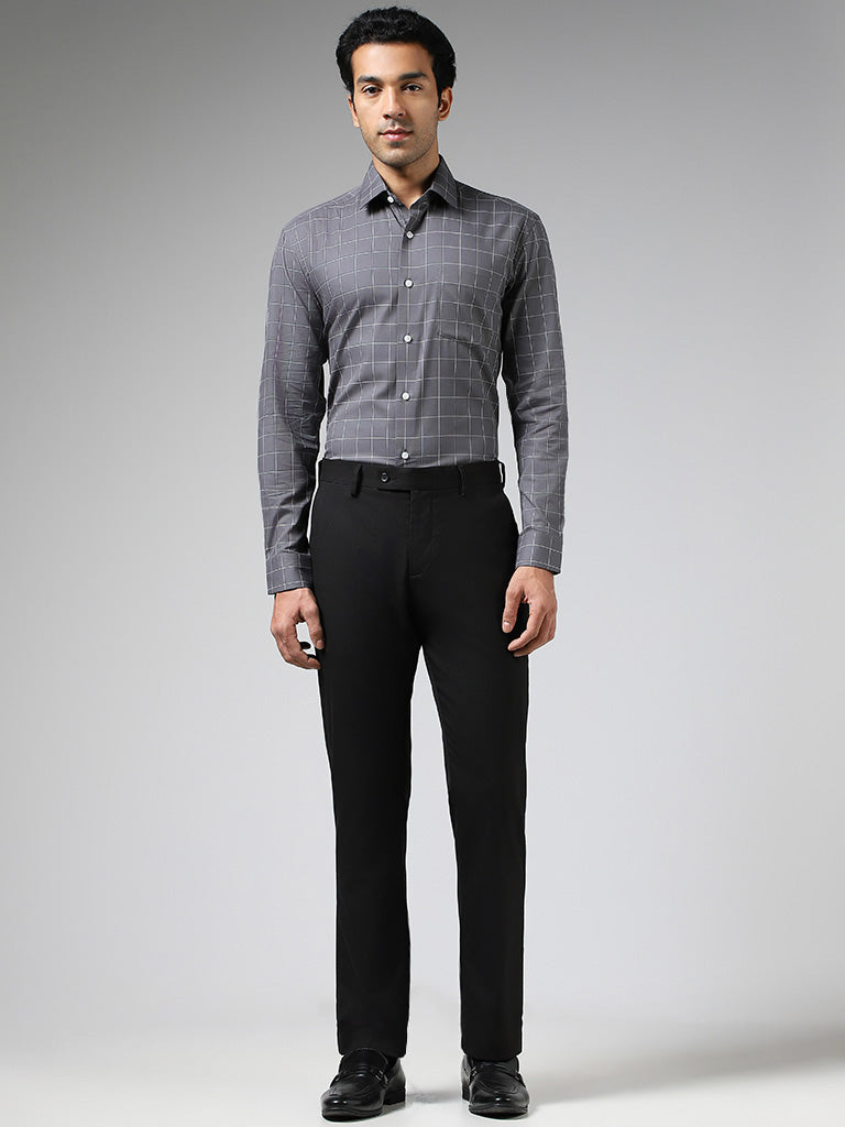 WES Formals Dark Grey Checked Cotton Slim Fit Shirt