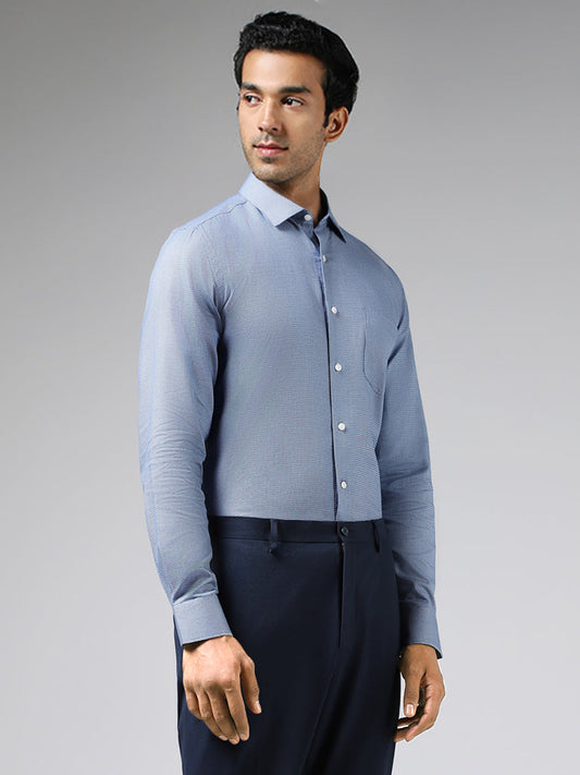 WES Formals Blue Self-Patterned Cotton Slim Fit Shirt