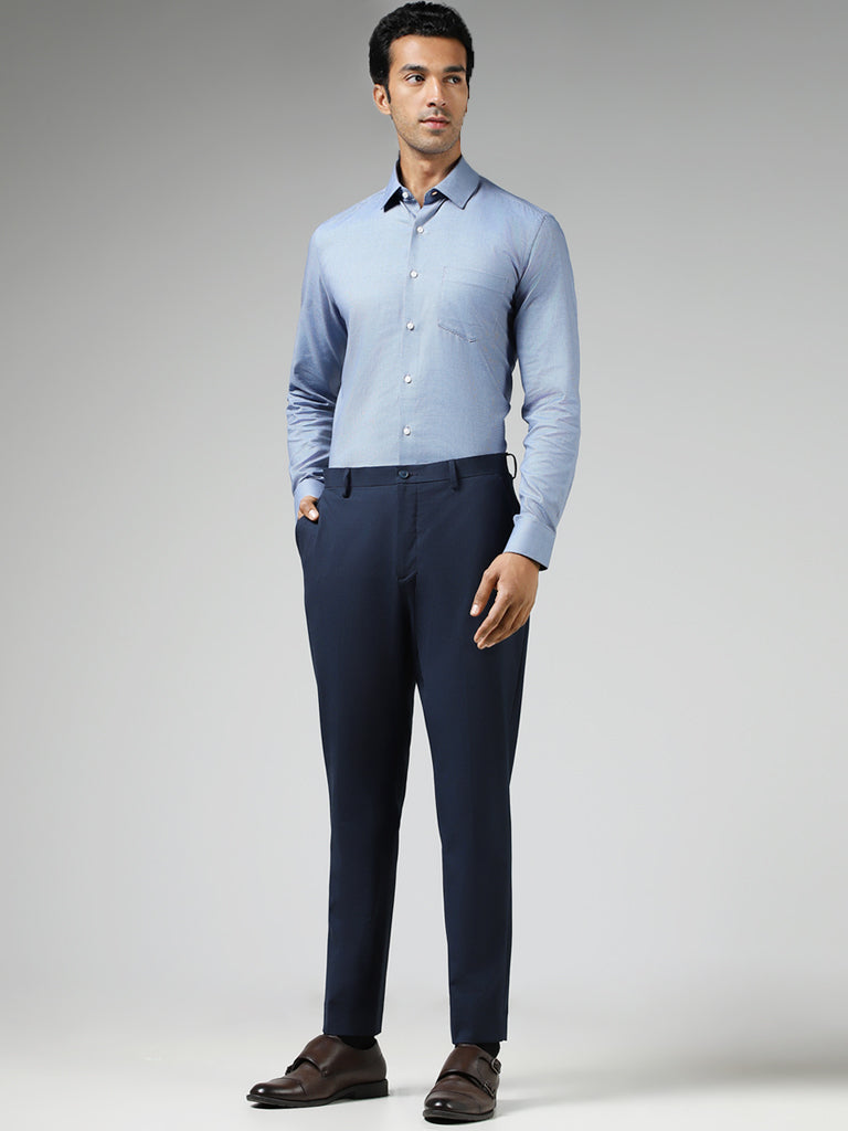 WES Formals Blue Self-Patterned Cotton Slim Fit Shirt