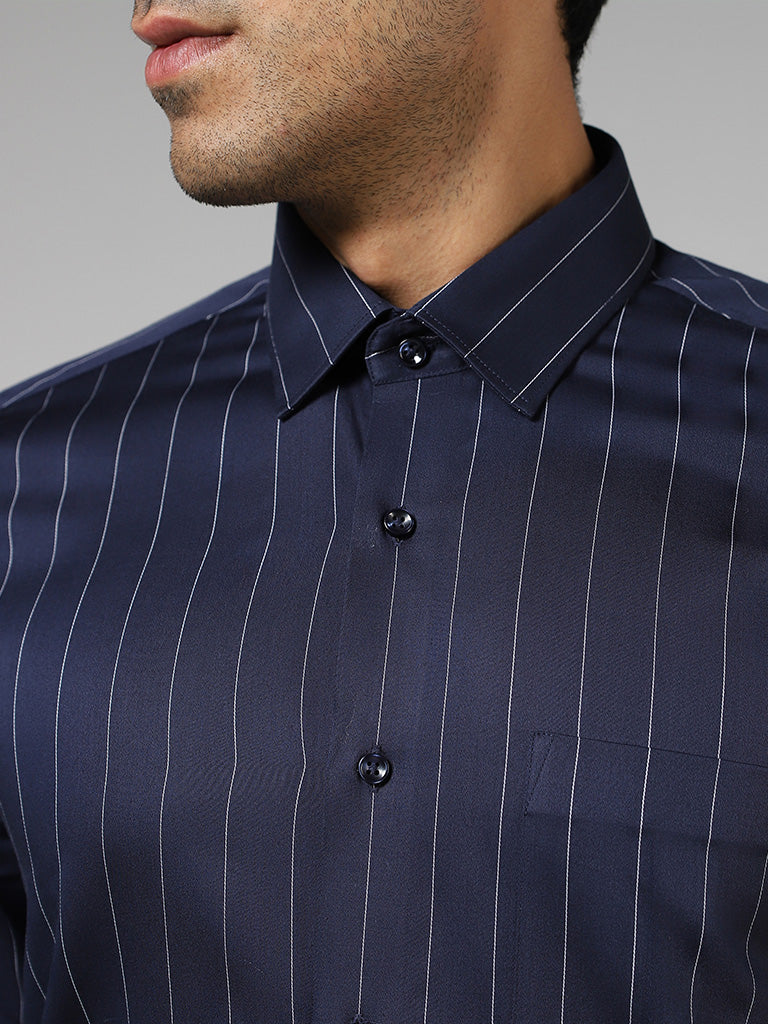 WES Formals Navy Striped Cotton Slim Fit Shirt