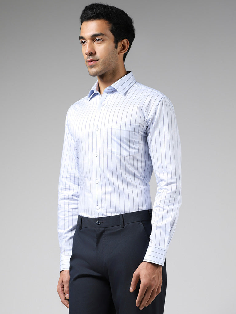 WES Formals Blue Striped Cotton Relaxed Fit Shirt