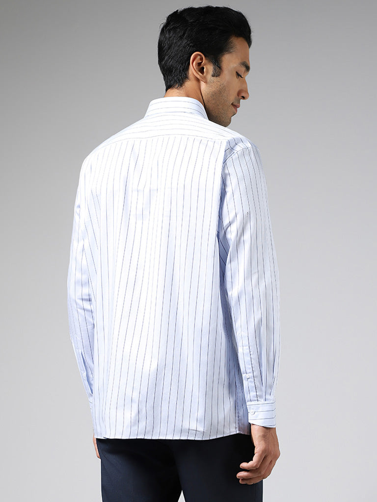 WES Formals Blue Striped Cotton Relaxed Fit Shirt