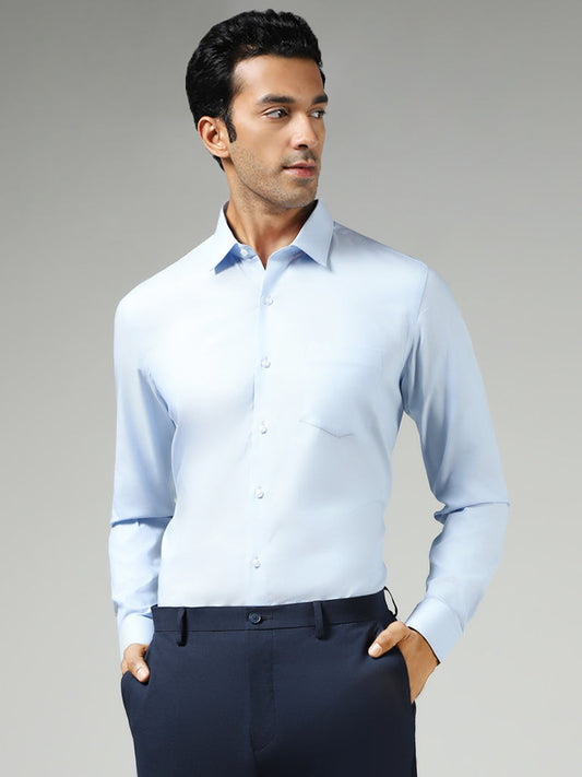 WES Formals Plain Blue Cotton Slim Fit Shirt