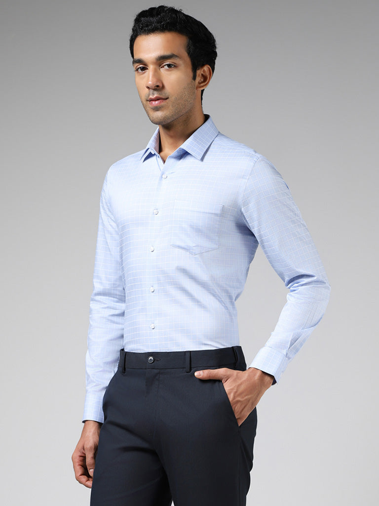 WES Formals Blue Checked Cotton Slim Fit Shirt