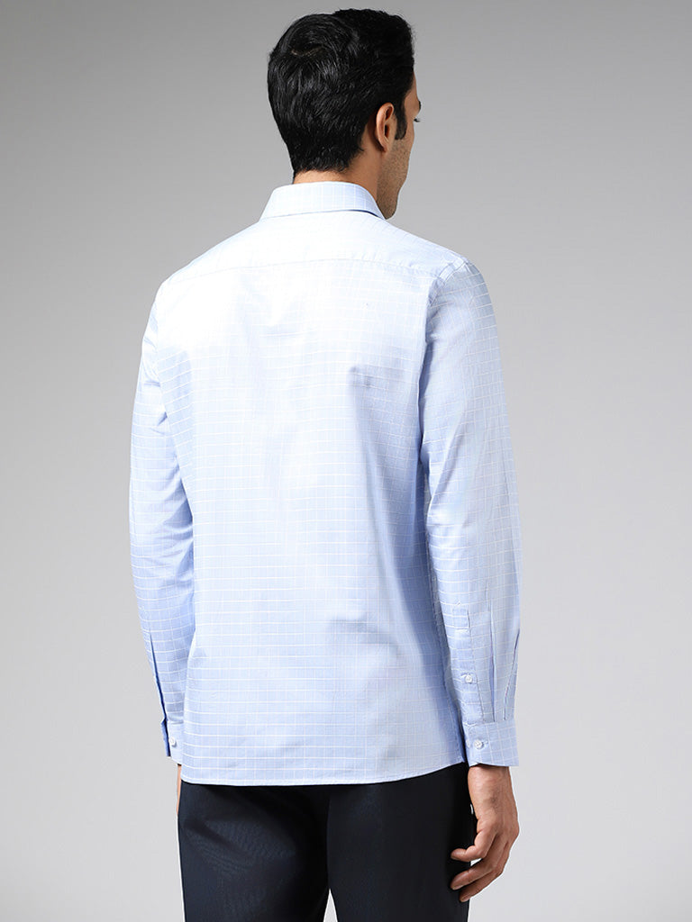 WES Formals Blue Checked Cotton Slim Fit Shirt