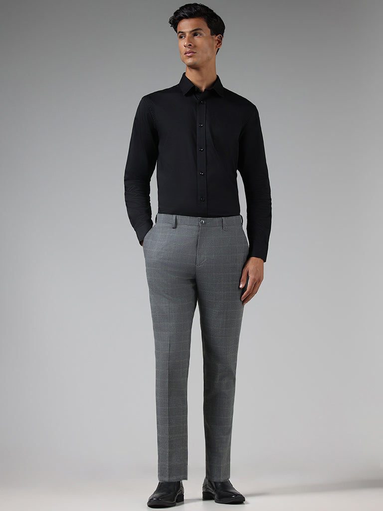 WES Formals Grey Checked Slim Tapered Fit Trousers