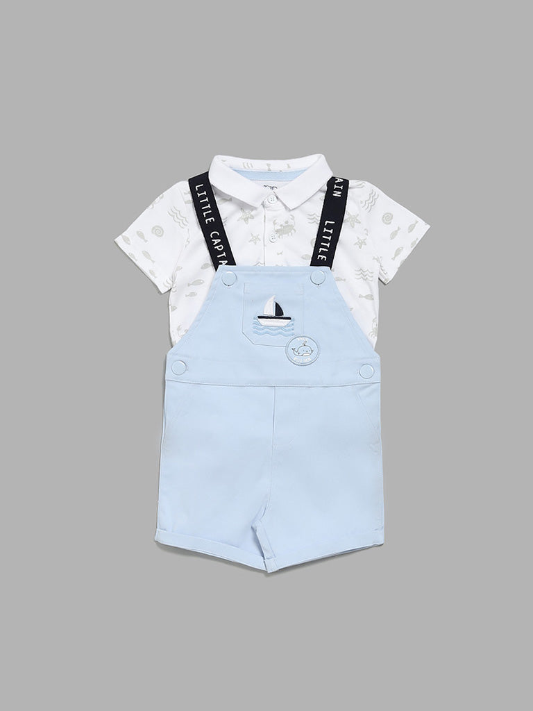 HOP Baby Blue Printed Dungaree with T-Shirt