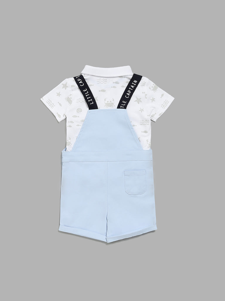 HOP Baby Blue Printed Dungaree with T-Shirt