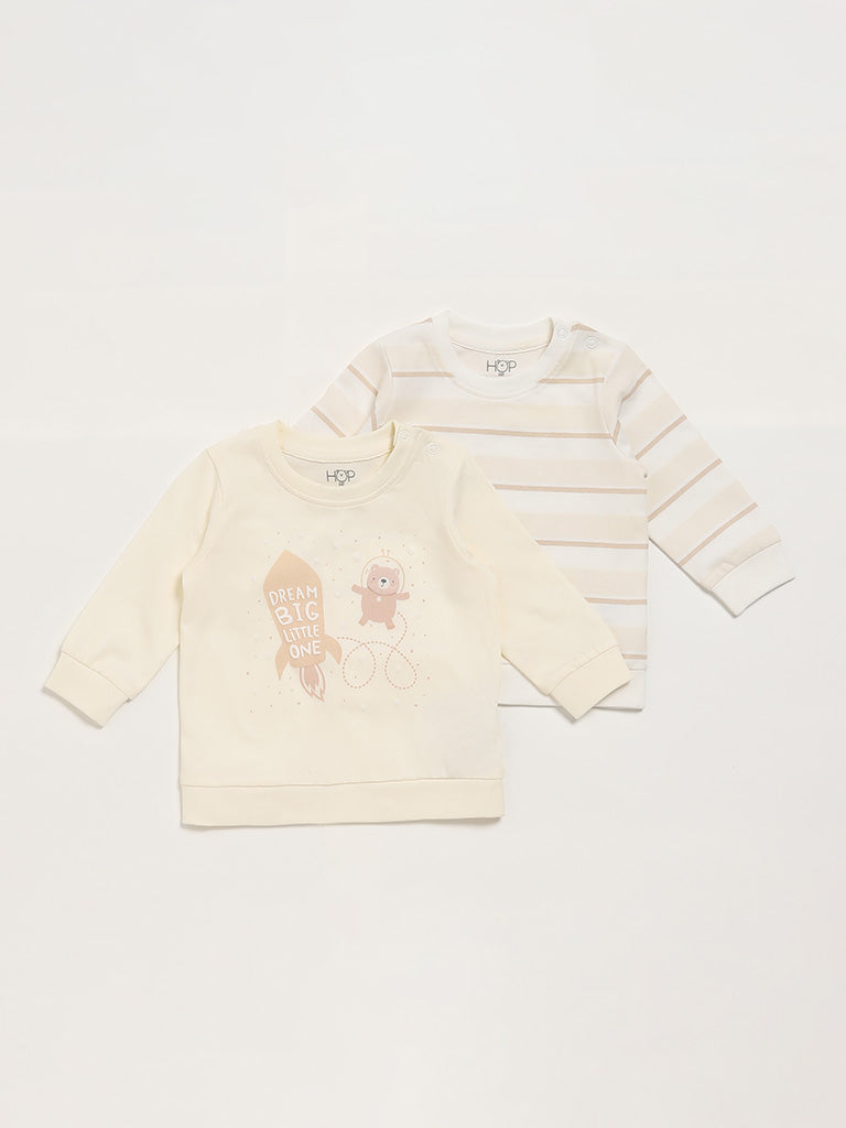 HOP Baby Printed & Striped Beige T-Shirt - Pack of 2