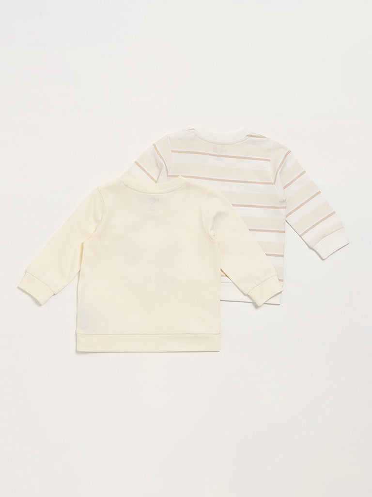 HOP Baby Printed & Striped Beige T-Shirt - Pack of 2