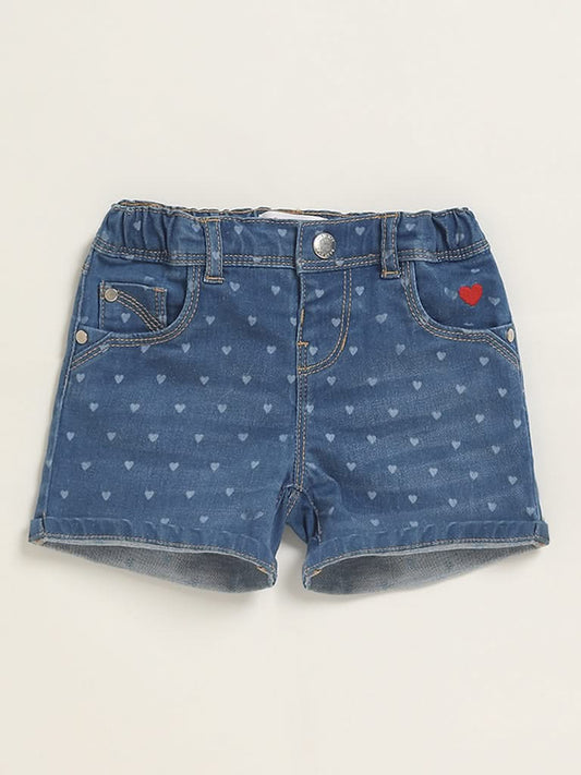 HOP Baby Blue Denim Printed Shorts