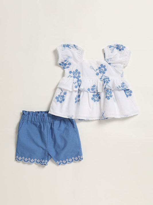 HOP Baby White & Blue Floral Printed Top with Shorts