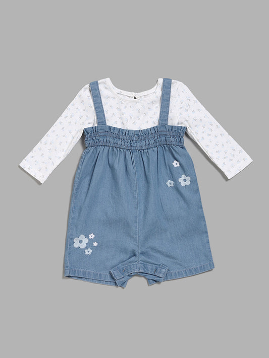 HOP Baby Floral T-Shirt with Embroidery Blue Denim Dungaree