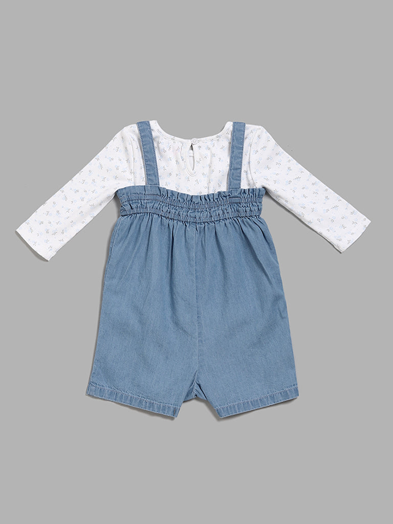 HOP Baby Floral T-Shirt with Embroidery Blue Denim Dungaree