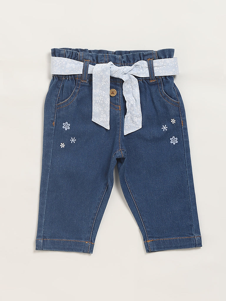 HOP Baby Blue Embroidered Denim Jeans with Belt