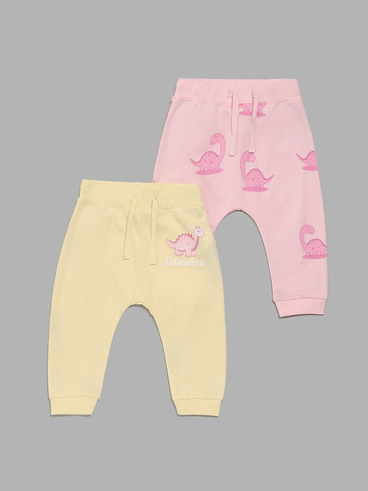 HOP Baby Pink & Yellow Dino Printed Pants - Pack of 2