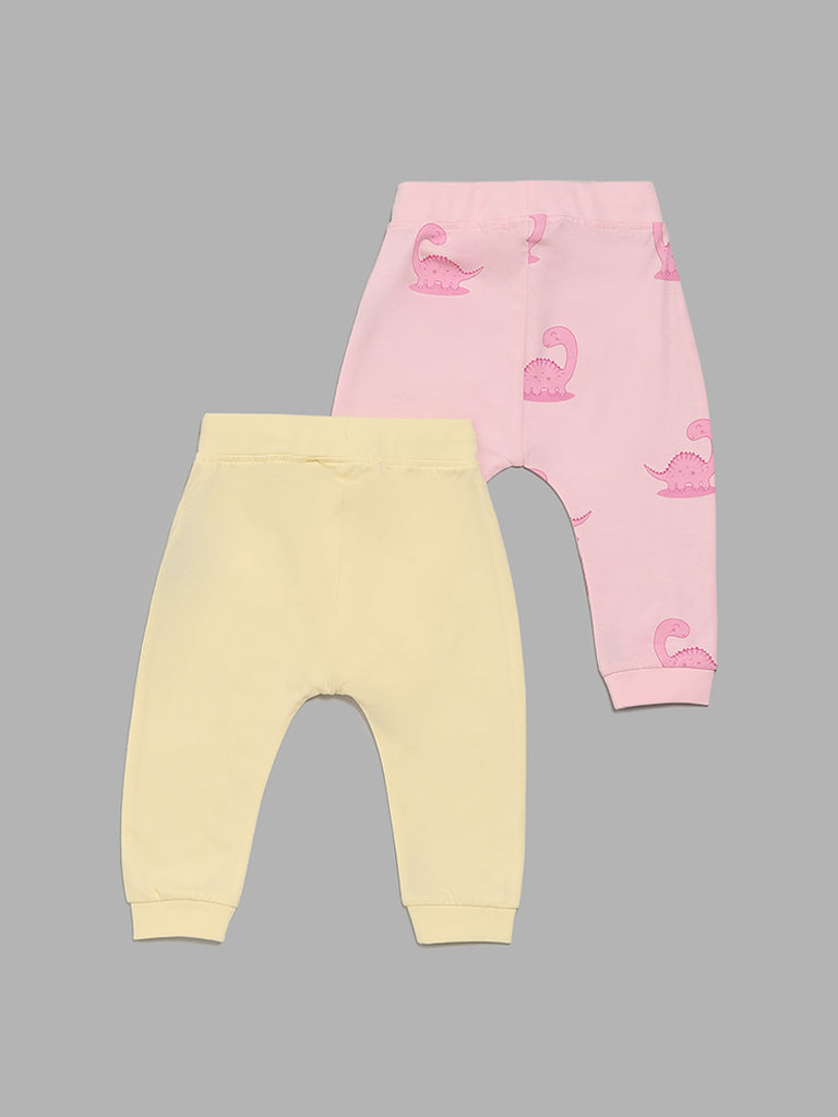 HOP Baby Pink & Yellow Dino Printed Pants - Pack of 2