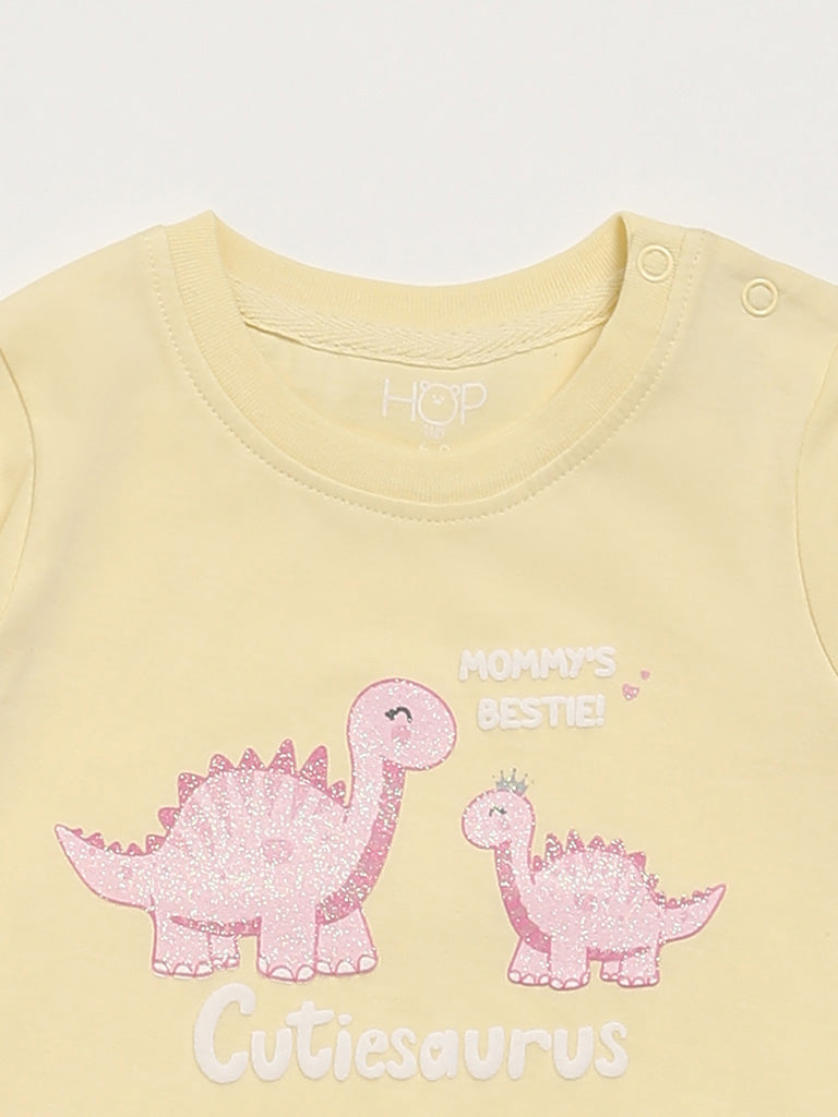 HOP Baby Dino Printed Yellow & Pink T-Shirt - Pack of 2