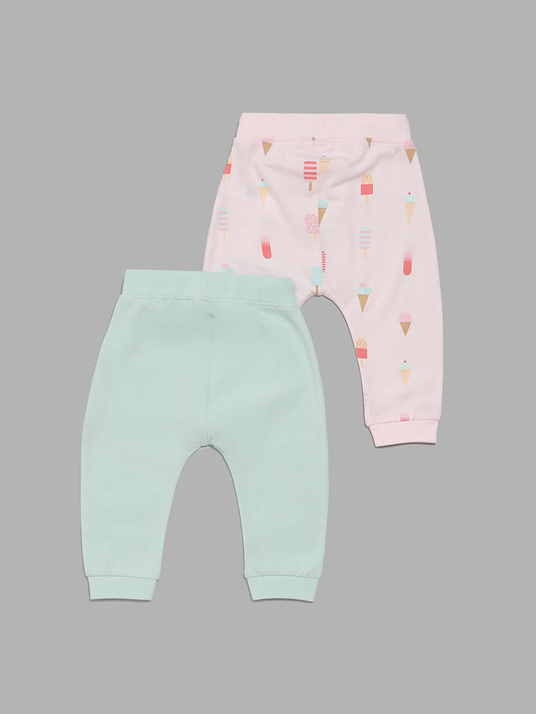 HOP Baby Pink & Mint Green Ice-Cream Printed Pants - Pack of 2