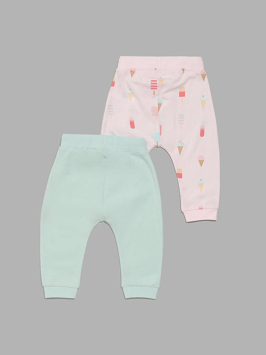 HOP Baby Pink & Mint Green Ice-Cream Printed Pants - Pack of 2