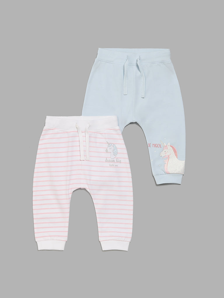 HOP Baby Blue & Pink Unicorn Printed Pants - Pack of 2