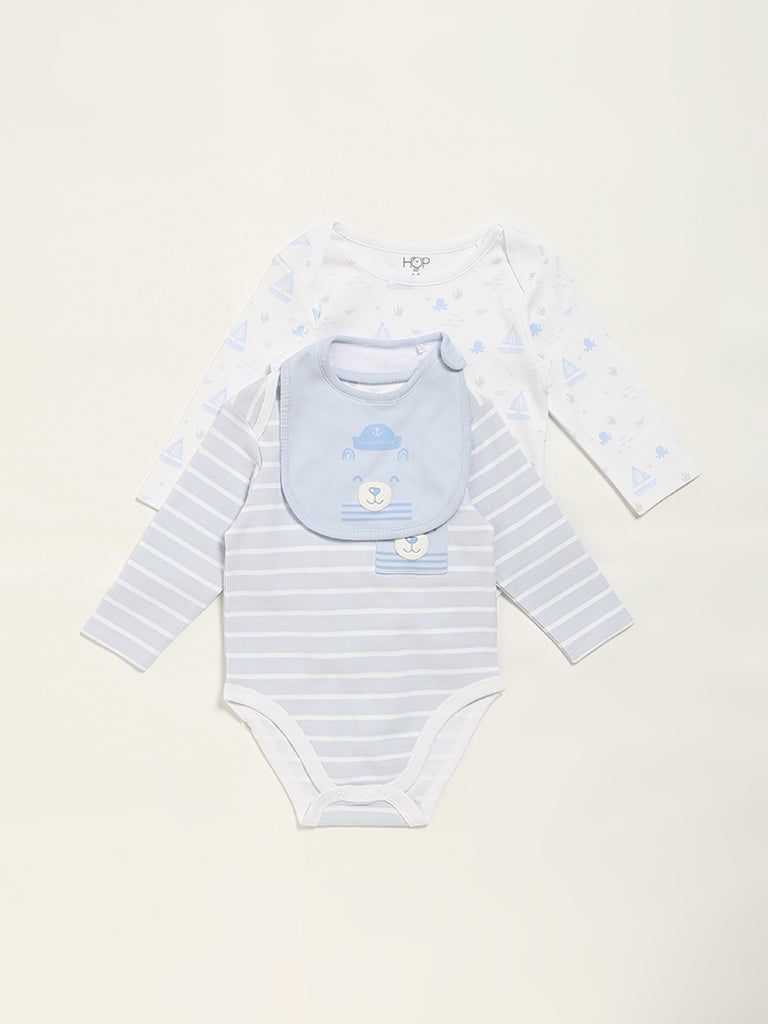 HOP Baby Blue Printed Rompers & Bib - Pack of 2