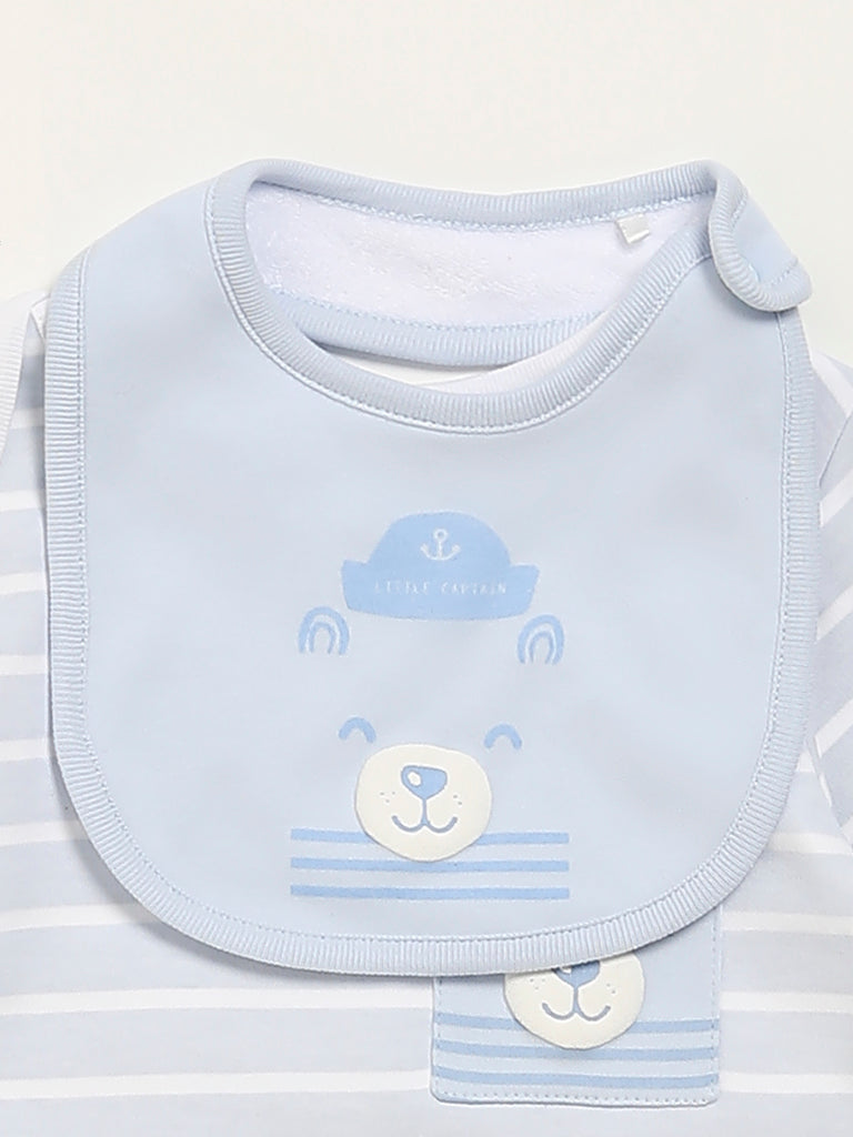 HOP Baby Blue Printed Rompers & Bib - Pack of 2