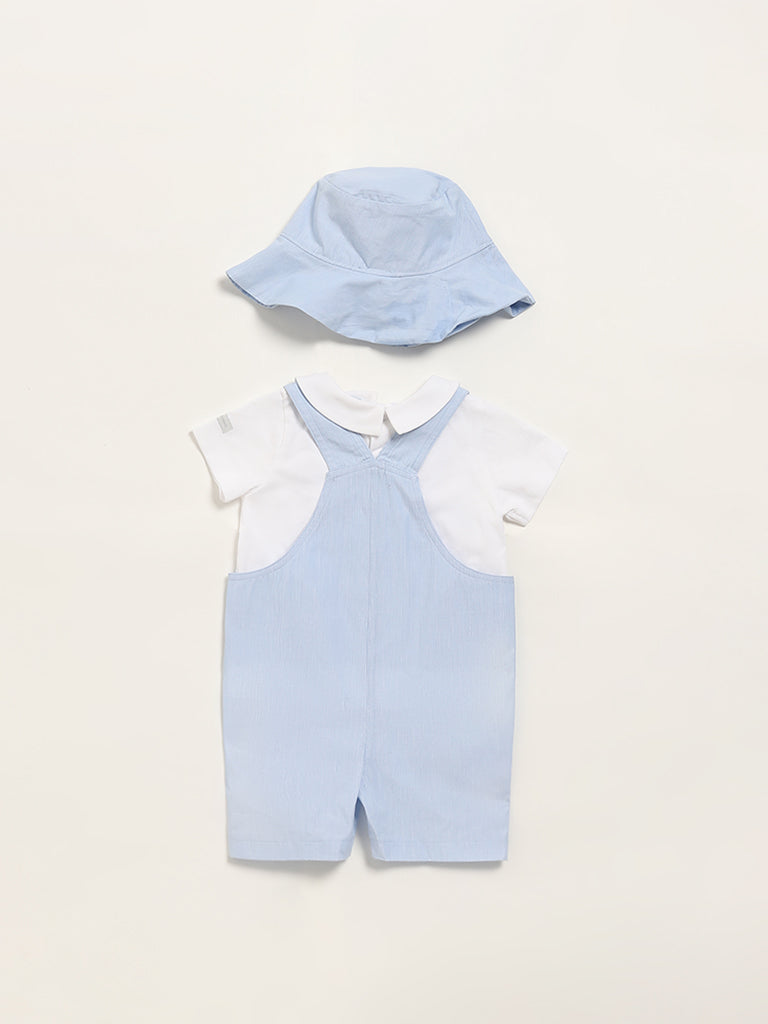 HOP Baby Blue Dungaree, T-Shirt & Hat Set