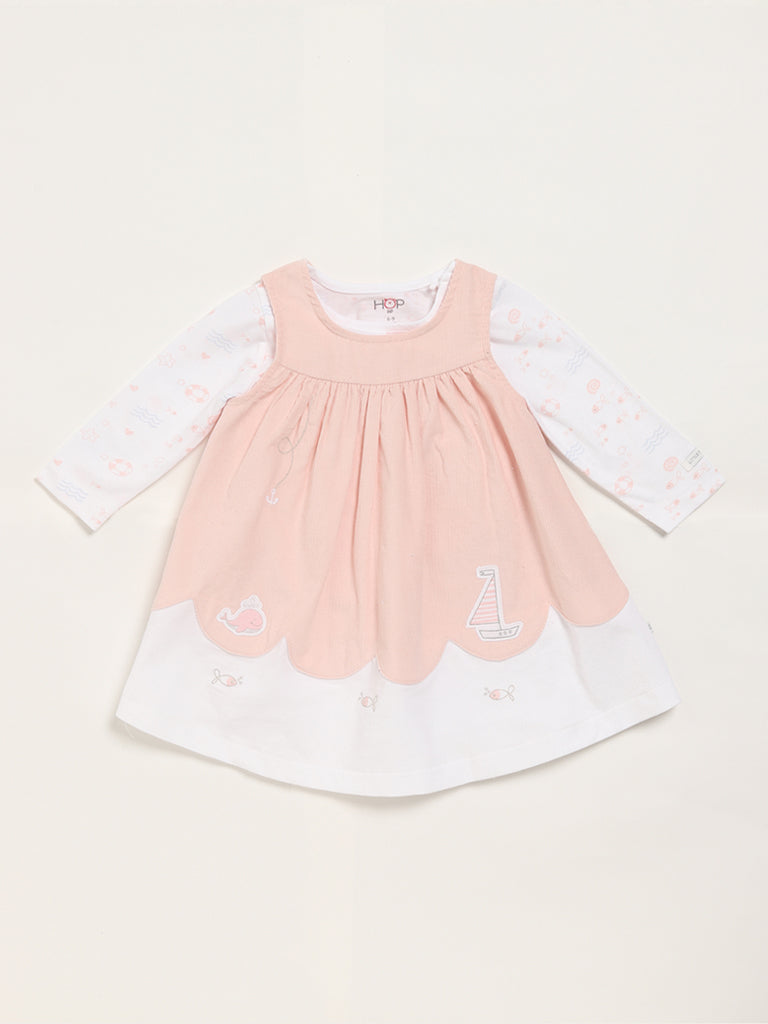 HOP Baby Peach Printed Pinafore & T-Shirt