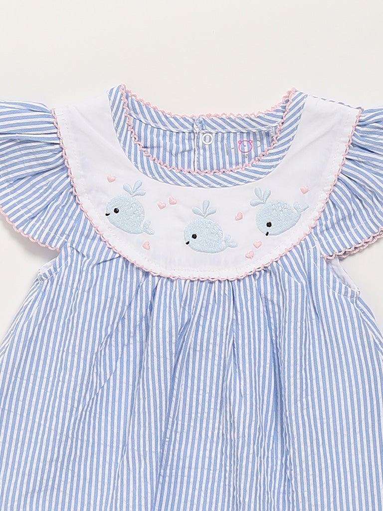 HOP Baby Blue Printed Dress with Cap