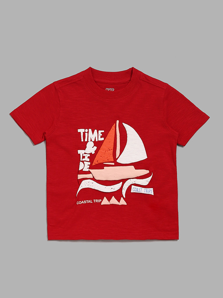 HOP Kids Boat Printed Red T-Shirt