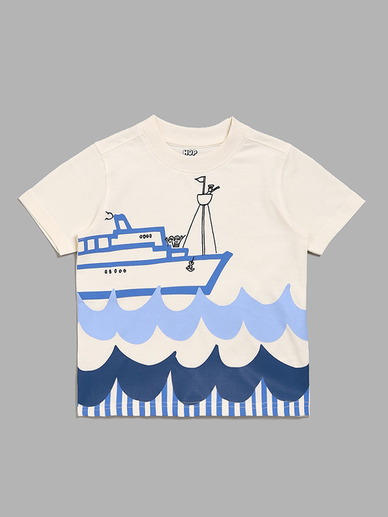 HOP Kids Ship Printed Off White T-Shirt